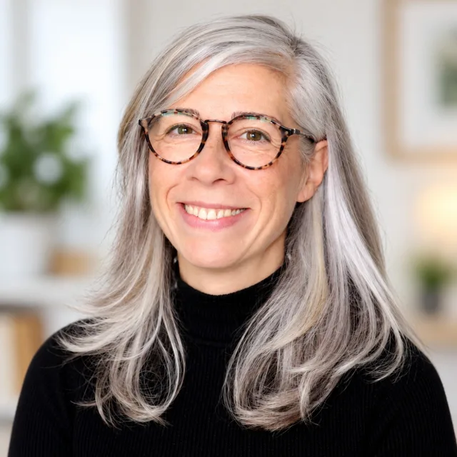 Claudia, lange graue Haare, Brille, schwarzer Rollkragenpullover, lächelt